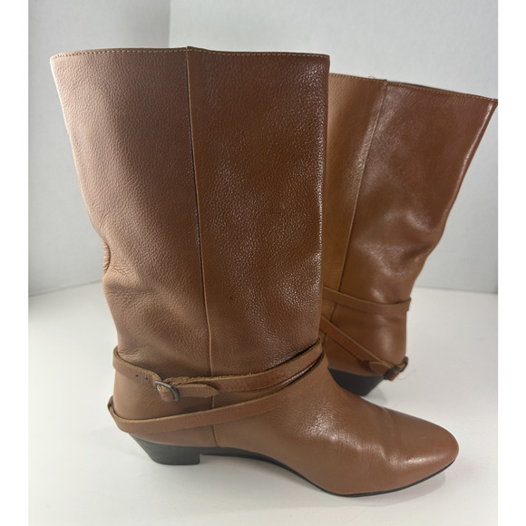 Frye Mid Calf Leather Boots Pull On Harness Strappy Brown Women's 8.5 M 37444 - Picture 2 of 16